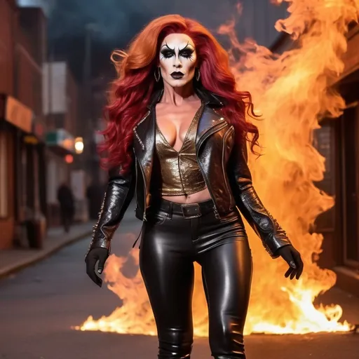 Prompt: Gorgeous muscular demon drag queen, long red wavy hair, leather dark black pants, golden leather jacket, 8 inch stiletto knee-high boots. Walking through fire and brimstone. Detailed gorgeous drag queen face.