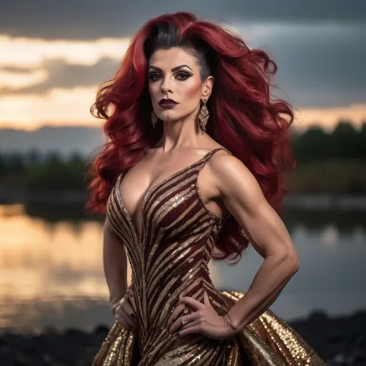 Prompt: Gorgeous muscular 35-year-old Turkish drag queen bodybuilder with long dark red flowing updo hair, dark eyeshadow and dark lipstick, long gold flowing sequined gown, romantic outdoor setting, dramatic sky, An ultra-realistic photograph captured with a Sony α7 III camera, equipped with an 85mm lens at F 1.2 aperture setting,  The image, shot in high resolution and a 16:9 aspect ratio, captures the subject’s natural beauty and personality with stunning realism –ar 16:9 –v 5.2 –style raw
