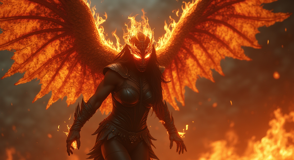Prompt: Ultra-muscular dark angel drag queen with dark masked face of fire, fire coming from her eyes, wings made of fiery flame, flying into hell, attacking demon hoard