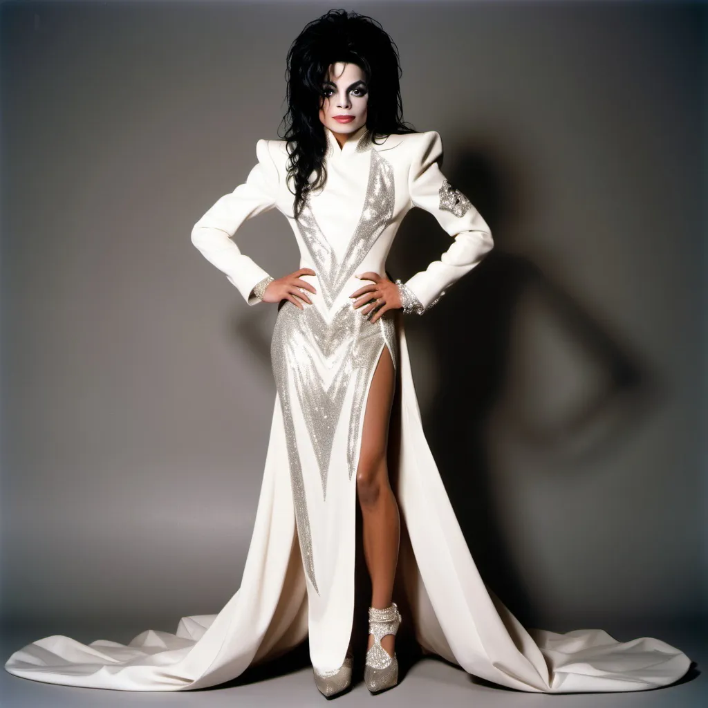 Prompt: Gorgeous 25-year-old drag queen Michael Jackson in gown and 8 inch stiletto high heel shoes