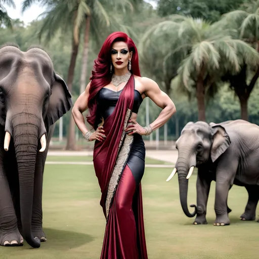 Prompt: A beautiful muscular 35-year-old Muslim drag queen in an elegant saree, her hands on her waist, with very long dark red hair,  dark eyeshadow and dark lipstick,  8 inch stiletto high heel shoes.  Posing in a gorgeous park with elephants.