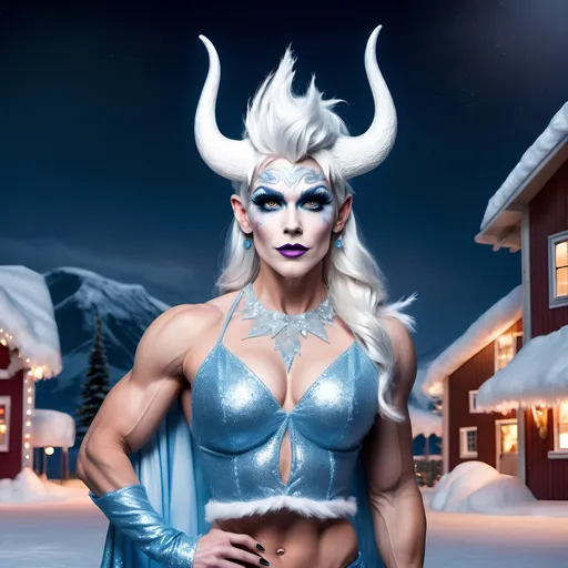 Prompt: Jack Frost dressed up as a gorgeous muscular Norse drag queen. Posing at the north pole at night. 