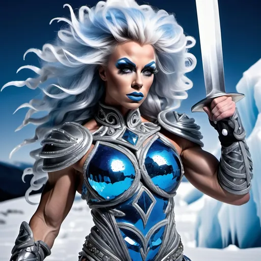 Prompt: Gorgeous ultra-muscular 25-year-old Finnish drag queen bodybuilder ice warrior, (dynamic pose), wielding a (majestic) large sword, vibrant ice hair flowing, adorned in frozen warrior armor, striking an (intense) expression, backgrounds of a fantastical landscape filled with blues, grays and whites  colors, (dramatic lighting) highlighting the colors, (high detail), (4K quality), exudes power and bravery, capturing a heroic spirit.