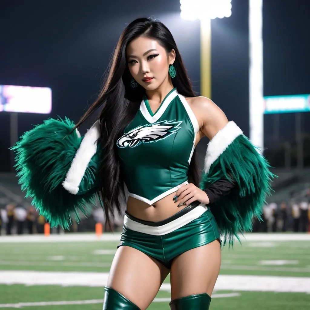 Prompt: Gorgeous ultra-muscular 25-year-old Chinese goddess with huge busom and long straight black hair dressed as a Philadelphia Eagles Cheerleader wearing eight inch stiletto thigh-high high heel boots and dancing on a football field at night.