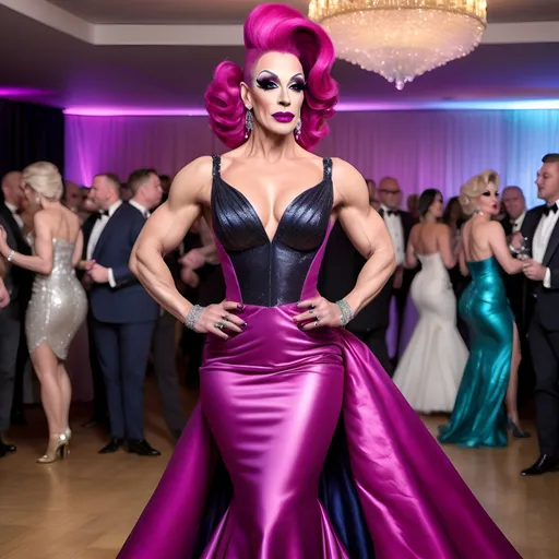 Prompt: Classy muscular 38-year-old British drag queen wearing long elegant ball gown, 8 inch stiletto high heel shoes, with dark eyeshadow and dark lipstick, and long Fuscia updo hair walking across the dance floor...