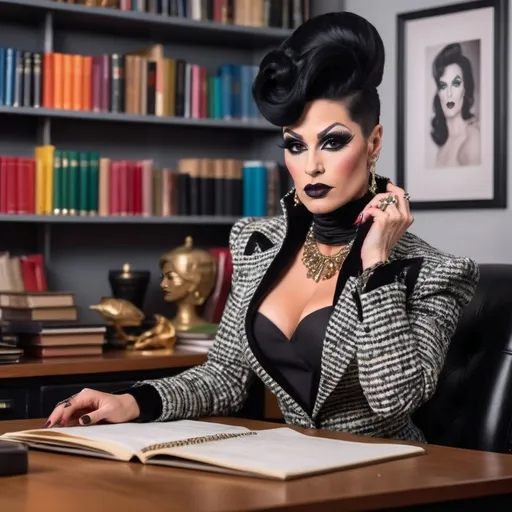 Prompt: Gorgeous, muscular, drag queen Teacher (with very strong masculine jawline) with long luscious black updo hair, dark eye makeup,  and dark lipstick wearing a beautiful designer tweed jacket & dress and thigh-high 8 inch stiletto boots. Sitting confidently on her desk.