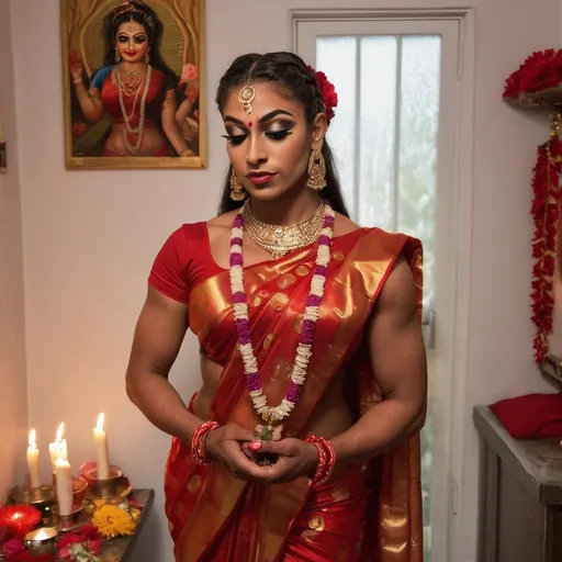 Prompt: A gorgeous muscular 19-year-old Indian drag queen bodybuilder with huge busom, performing puja at a home shrine, placing flowers on shrine, diya is lit. She has Kumkum on her forehead. she is wearing a red colored silk saree with ruby jewellery, flowers in her braid