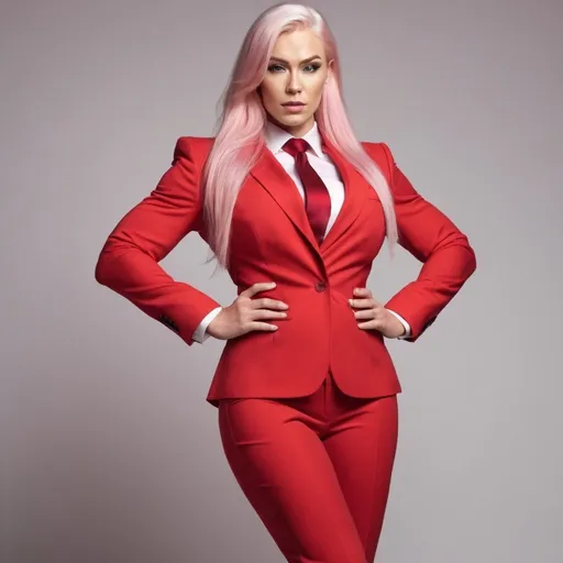 Prompt: Gorgeous ultra-muscular 25-year-old Finnish goddess with huge busom wearing a red business suit, Button up, red color tie, platinum pink hair, Wide shoulders, glamour makeup, full-length 