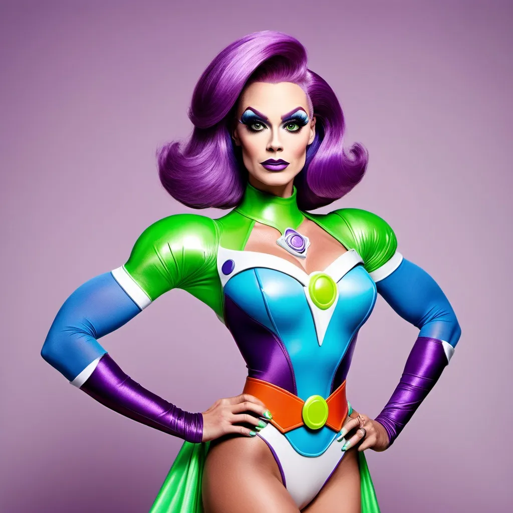 Prompt: If Buzz Lightyear was a gorgeous supermodel drag queen (full length photo) with long muscular legs and a very muscular physique