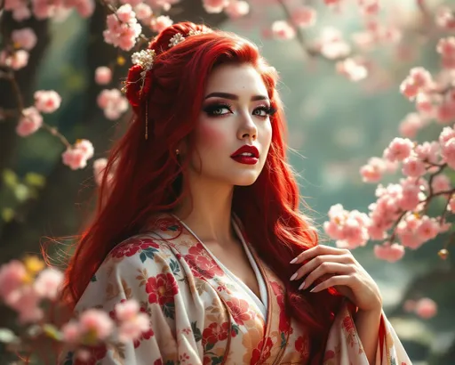 Prompt: Gorgeous muscular 25-year-old Japanese drag queen bodybuilder (with large busom, dark eyeshadow, dark lipstick) in a kimono, serene forest setting, full-body shot, long red hair, open eyes, detailed, traditional Japanese art style, vibrant colors, peaceful atmosphere, cherry blossom trees, elegant pose, long flowing sleeves, serene expression, atmospheric lighting, professional, epic