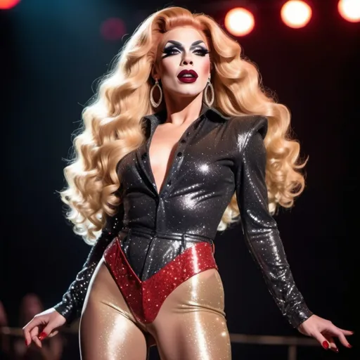 Prompt: Gorgeous muscular 25-year-old superstar drag queen (strong masculine jawline and brow features) with long flowing strawberry-blonde hair, dark eyeshadow, and dark red lipstick. Glittery sparkly knee-high sliver high heel boots.  Singing at a big concert 