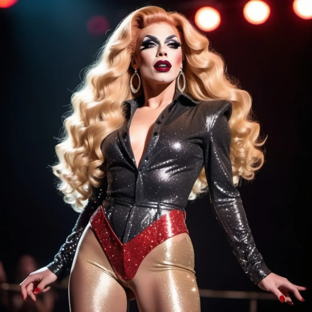 Prompt: Gorgeous muscular 25-year-old superstar drag queen (strong masculine jawline and brow features) with long flowing strawberry-blonde hair, dark eyeshadow, and dark red lipstick. Glittery sparkly knee-high sliver high heel boots.  Singing at a big concert 