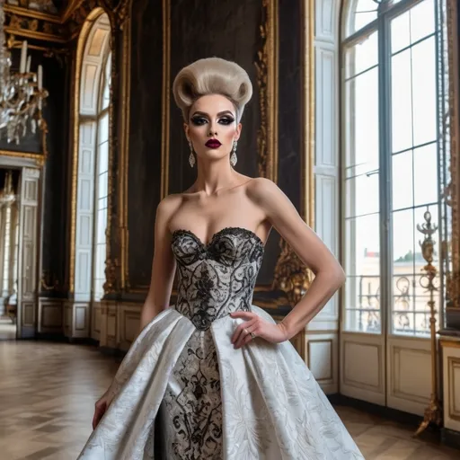 Prompt: Design a modern glamorous wedding dress worn by a real life gorgeous German drag queen ((strong masculine jawline and brow features)) model dress to be daring and glamorous and elegant, dark eye makeup, dark lipstick.  Posing in the Palace of Versailles.