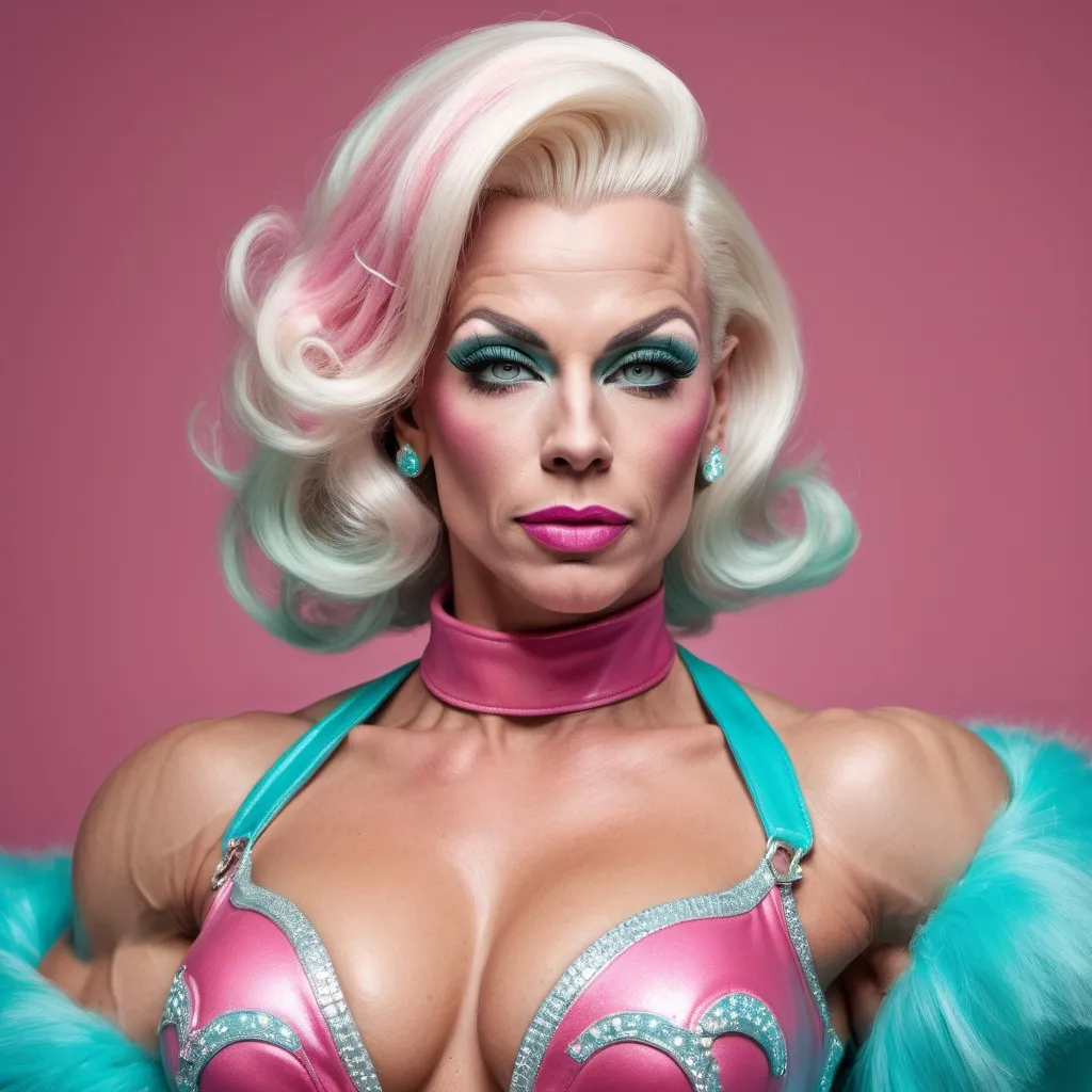 Prompt: Very detailed and hyper realistic gorgeous muscular 35-year-old Dutch drag queen bodybuilder with platinum blonde 1950s styled hair, wearing a hyper realistic and very detailed pink and aqua Prada dress 64k, ultra hd, 3d quality  500mpx reflex 