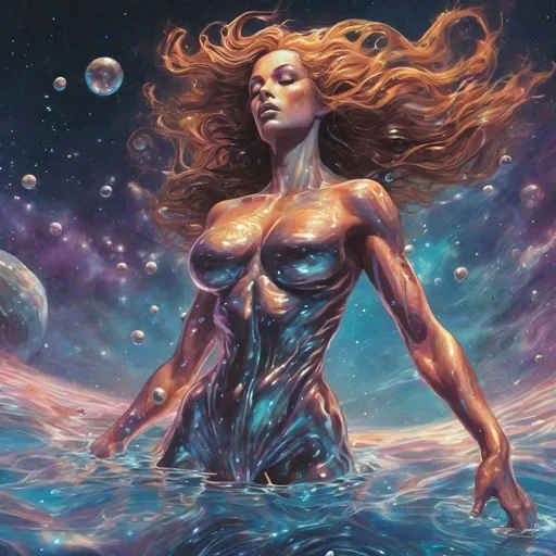 Prompt: A gorgeous ultra-muscular goddess swimming in a lake of liquid Mercury in outer space 