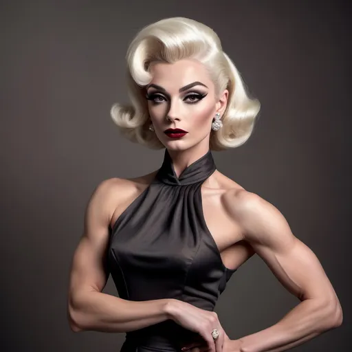 Prompt: photorealistic, (old Hollywood style), (sophisticated gorgeous muscular 25-year-old Russian drag queen bodybuilder (strong masculine jawline and brow features)), elegant attire reminiscent of Audrey Hepburn, full length body, platinum blonde hair styled in vintage glamour, dark smoky eyeshadow and dark red lipstick,  soft lighting capturing a nostalgic atmosphere, muted pastel colors, timeless beauty, luxurious and refined setting, classic film vibe, vintage glamour, HD, ultra-detailed,