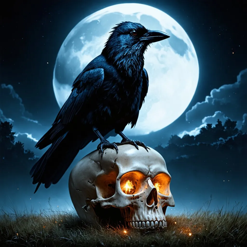 Prompt: A raven sitting atop a human skull lit by moonlight.