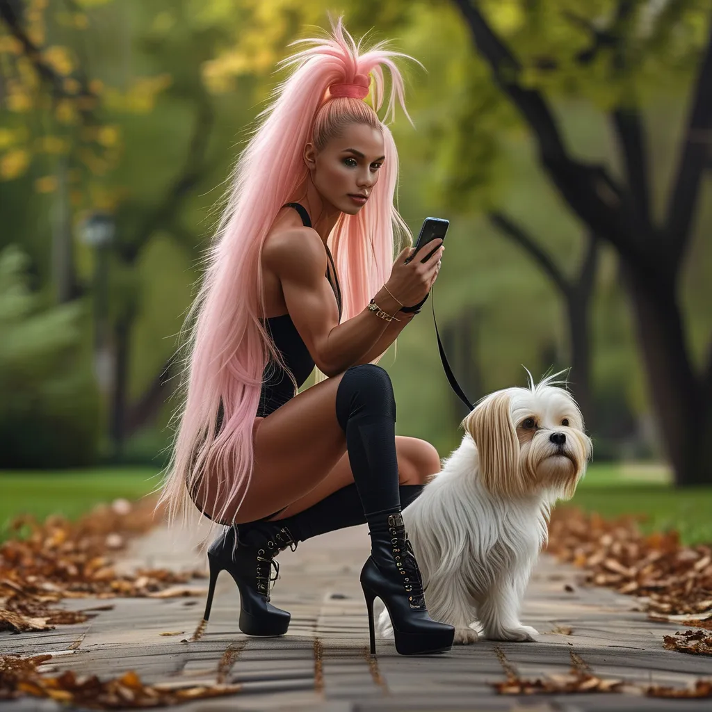 Prompt: Design an ultra-realistic 8k hi-res hd digital photograph of a gorgeous muscular 25-year-old Czechian drag queen bodybuilder with long strawberry-blonde ponytail, focused and serious while wearing 8 inch stiletto high heel Sneakers, expensive exercise gear, walking a dog in a scenic park. She holds a mobile phone that displays an infinity symbol, symbolizing her commitment to fitness and well-being, as she strides confidently along the path, embodying a healthy and active lifestyle.