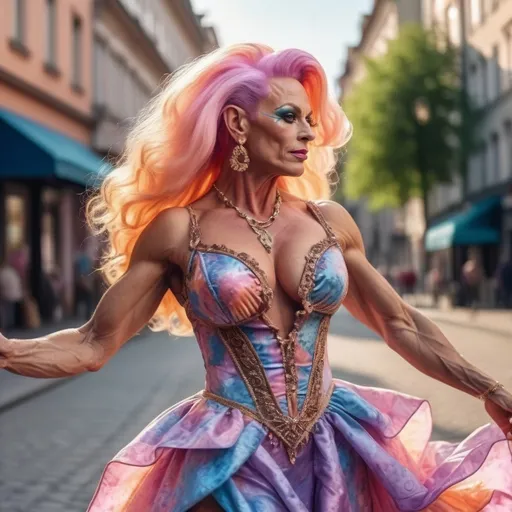 Prompt: hyper-realistic portrait, cinematic film still, of a gorgeous muscular 35-year-old German drag queen bodybuilder in a short boho-rococo dress, dancing on the street, pretty eyes, glistening skin, plump lips, long hair, lilac blue orange cream pink gold bright vivid vibrant gradient colors, uplifting mood, fantastic realism, crisp, epic,