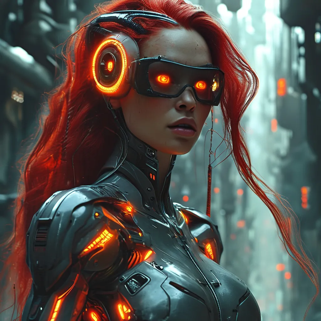 Prompt: Futuristic muscular 25-year-old Dutch goddess cyborg with red lit eyes, well endowed and long dark red flowing hair walking down a hill of a futuristic sterile concrete and iron cityscape 