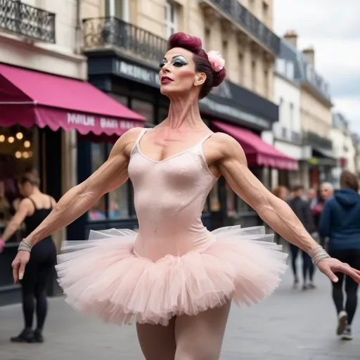 Prompt: Gorgeous, muscular, 35-year-old, French drag queen ballerina with large busom, dancing down the high street, detailed clothing (leotards and tutu), realistic, natural lighting View fullbody