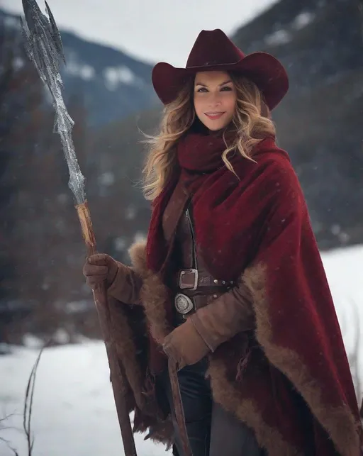 Prompt: A hi-res 8k hd digital photograph of a proud gorgeous rugged cowgirl with huge busom in winter snowy mountains. She is wearing a dark red cloak lined with fur and a scarf over metal armor. She has ridiculously long wavy autum hair and a brown cowboy hat. She is holding a halberd. It is snowing and windy. She is smiling. Cowboy hat.