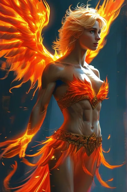 Prompt:  a flaming phoenix hovers overtop a 25-year-old muscular goddess. The 25-year-old goddess has clothes made of flames from the Phoenix and looks like a phoenix as a 25-year-old goddess. Full length. Muscular. Large busom.