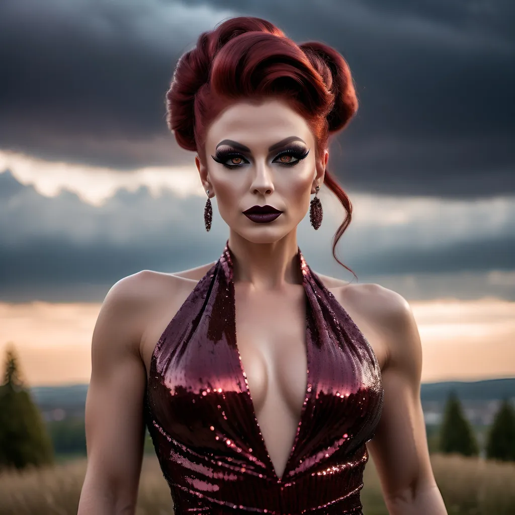 Prompt: Gorgeous muscular 25-year-old Czechian drag queen with long dark red flowing updo hair, dark eyeshadow and dark lipstick, long flowing sequined gown, romantic outdoor setting, dramatic sky, An ultra-realistic photograph captured with a Sony α7 III camera, equipped with an 85mm lens at F 1.2 aperture setting,  The image, shot in high resolution and a 16:9 aspect ratio, captures the subject’s natural beauty and personality with stunning realism –ar 16:9 –v 5.2 –style raw