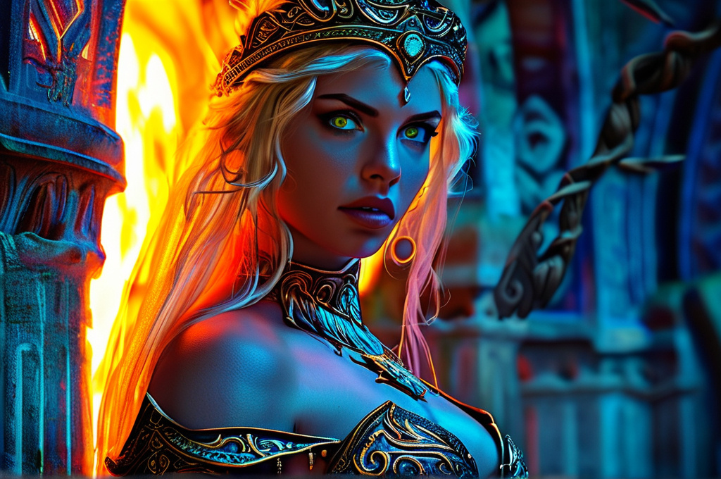 Prompt: HD 4k 3D 8k professional full-length modeling photo hyper realistic gorgeous ultra-muscular 28-year-old Fire and Ice Gypsy Princess of Carpia, ethereal greek goddess, full body surrounded by ambient glow, enchanted, magical, highly detailed, intricate, highly realistic woman, high fantasy background, Romanian dragon woman, elegant, mythical, surreal lighting, majestic, goddesslike aura, Annie Leibovitz style