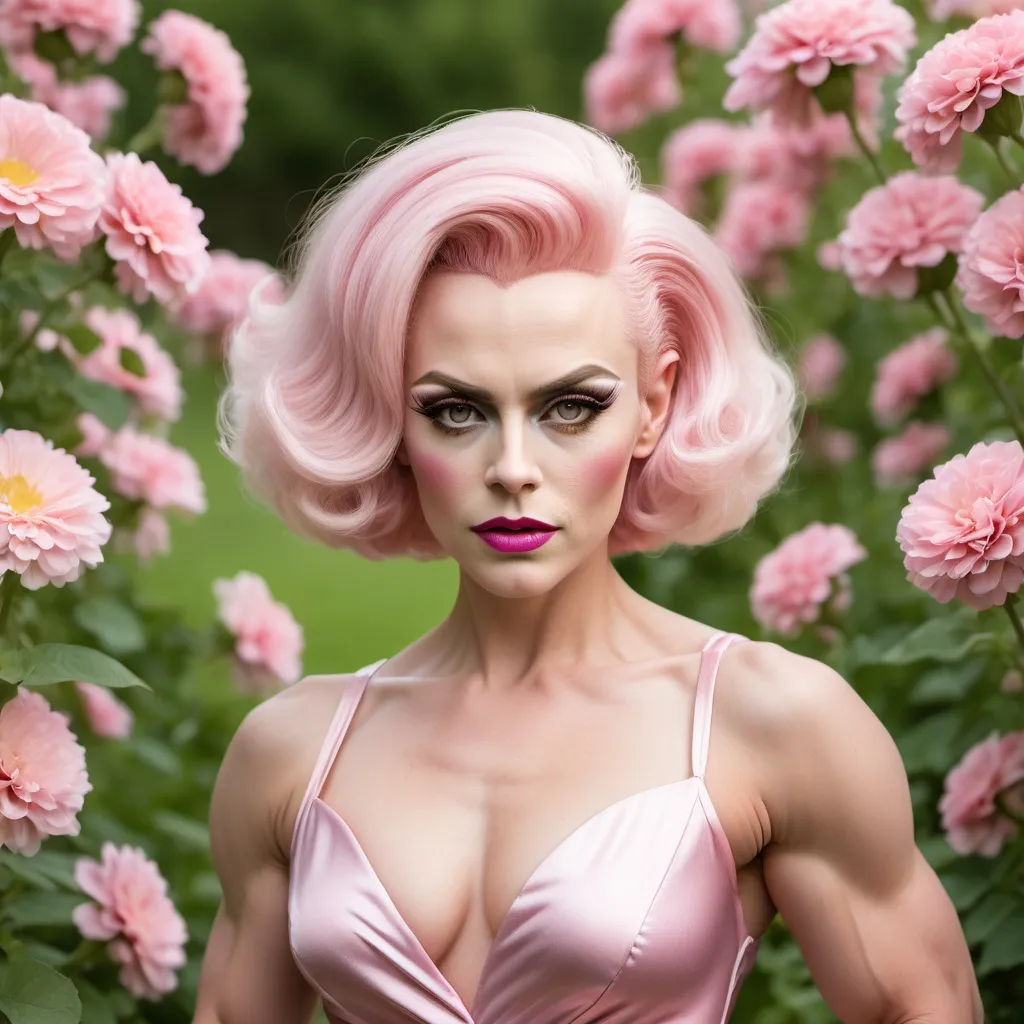 Prompt: James Dean dressed up as a Gorgeous 30-year-old Finnish drag queen bodybuilder with short stylish pink hair wearing a short, airy dress, in a flower garden. Professional photography, natural lighting, canon lens, shot on dslr 64 megapixels sharp focus