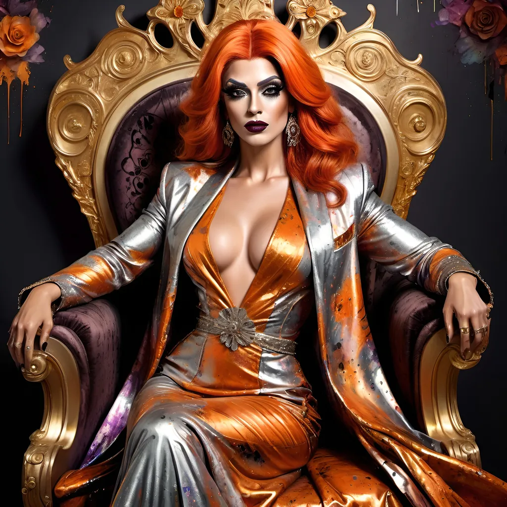 Prompt: a gorgeous muscular 25-year-old Turkish drag queen, dark orange hair, detailed ornate silver and bronze cloth robe, dark eye makeup and dark lipstick, dramatic lighting, digital watercolor painting, paint splatter, bold brush strokes, art nouveau, majestic queen sitting on her throne (made of gold) in an elegant (colorfull flower dress), ornate very big throne with  diamonds and flowers adorned with delicate mycstical (colorfull) and glimmering (diamonds), mythical  looming behind, captivating atmosphere, dramatic lighting, ethereal ambiance, richly detailed backgrounds, (HD, ultra-detailed) fairy-tale setting, tension filled with reverence and power.