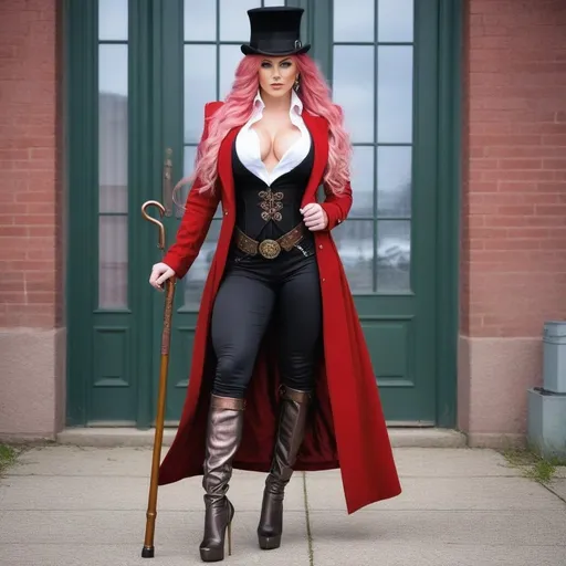 Prompt: A gorgeous ultra-muscular 25-year-old Finnish goddess bodybuilder with huge busom wearing a long black coat, with a bronze waistcoat and a white shirt, unbuttoned at the top . She's wearing a slightly crumpled top hat and has ridiculously long pink hair. She carries a walking cane with a red crystal on its round handle. She has green eyes. In the style of gothic & steam punk. She is about 25 years old. wearing a heavy, red coat, bronze pants, and 8 inch high heel shoes. Composition focus on legs and full-body. 
