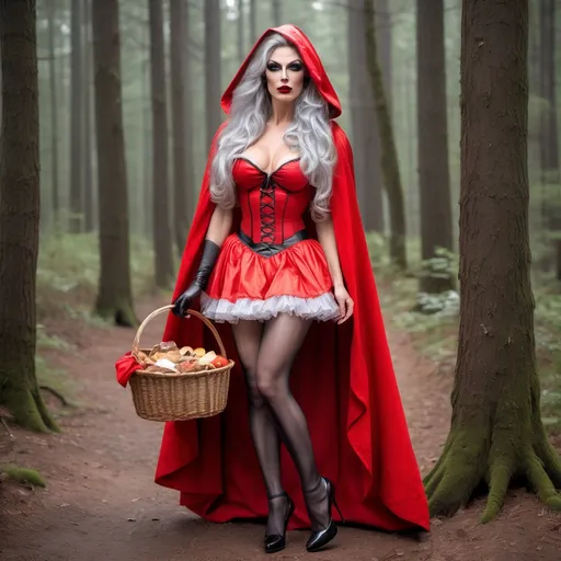 Prompt: Gorgeous 25-year-old (caucasian) muscular Austrian drag queen ((strong masculine jawline and brow)) with fit figure, and ridiculously long wavy silver hair (((blowing in the wind))), dressed as Little Red Riding Hood, black sheer nylon stockings, and 8 inch stiletto high heel shoes, walking through the forest carrying a basket of food.