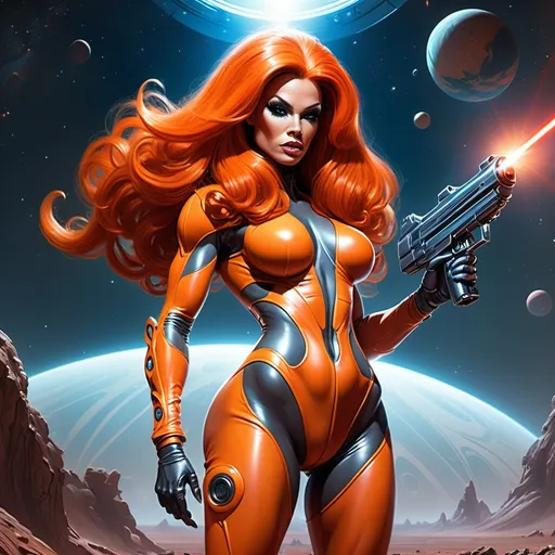 Prompt: fantasy in the style of julie bell, sci-fi, gorgeous muscular drag queen in form-fitting space suit, long dark orange hair holding a laser gun. alien planet in the background. 