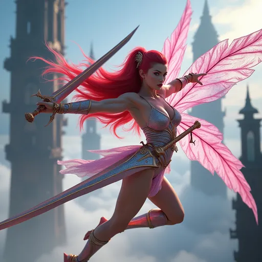 Prompt: A photorealistic image of a Gorgeous ultra-muscular 25-year-old drag queen Sky Elf fighter, a lithe and agile warrior with flowing bright red hair and iridescent pink wings, dark eye makeup and dark lipstick, in mid-battle amidst the floating islands of their sky city. The Sky Elf fighter, clad in sleek, shimmering armor that catches the light, wields dual blades with unmatched speed and precision. Their movements are a blur as they attack with the swiftness of the wind, the blades cutting through the air with ease. The scene captures the dynamic motion of combat, with the fighter executing a swift aerial maneuver, their wings catching a gust of wind that propels them forward. In the background, the floating city with its grand, airy architecture is partially shrouded in mist, giving a sense of otherworldly elevation. Art styles: photorealism, action, fantasy. Lighting: natural daylight, dynamic shadows. Camera: wide-angle action shot. Resolution: 8k, ultra-detailed.