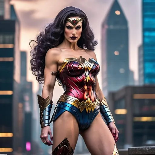Prompt: Gorgeous muscular cyberpunk drag queen Wonder Woman, great legs, crystal high heels,  dark lipstick.