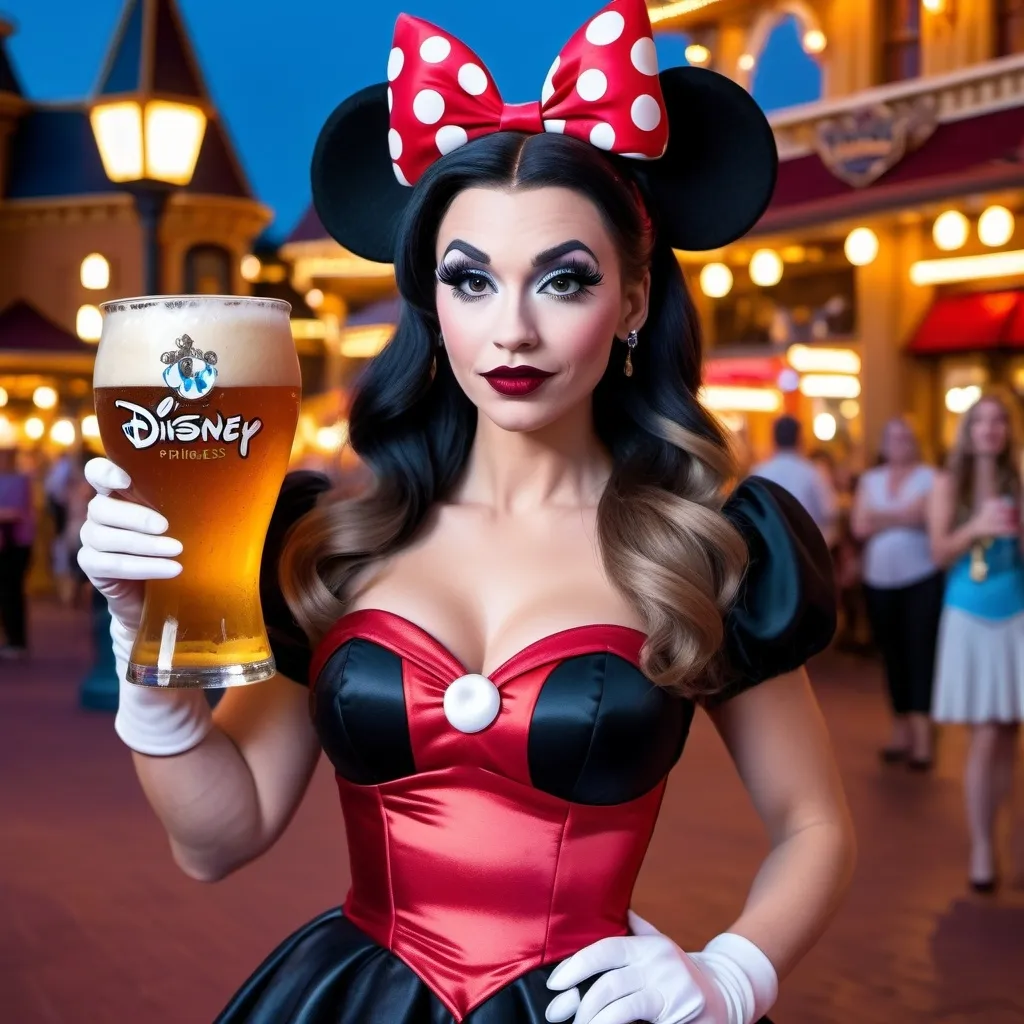 Prompt: Gorgeous ultra-muscular 25-year-old Swedish drag queen Minnie Mouse (Disney princess) with 8 inch stiletto high heel shoes, dark mascara, eyeshadow and dark red lipstick, standing in Disney World holding a beer and flirting with guests at night