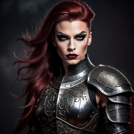 Prompt: A gorgeous muscular 25-year-old British drag queen (medieval knight), (black armor), gripping sword in hand, fierce expression (strong masculine jawline and brow features), dramatic pose, intricate armor details, dark and moody color palette, dark eyeshadow and dark red lipstick, cinematic lighting, highly detailed, stormy background, strong and powerful presence, evokes a sense of bravery and strength, captivating and intense atmosphere, ultra-detailed, 4K resolution, ready for battle. Full body view