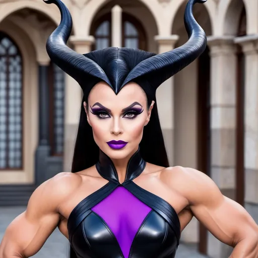 Prompt: gorgeous ultra-muscular 25-year-old Swedish drag queen bodybuilder dressed as  maleficent.