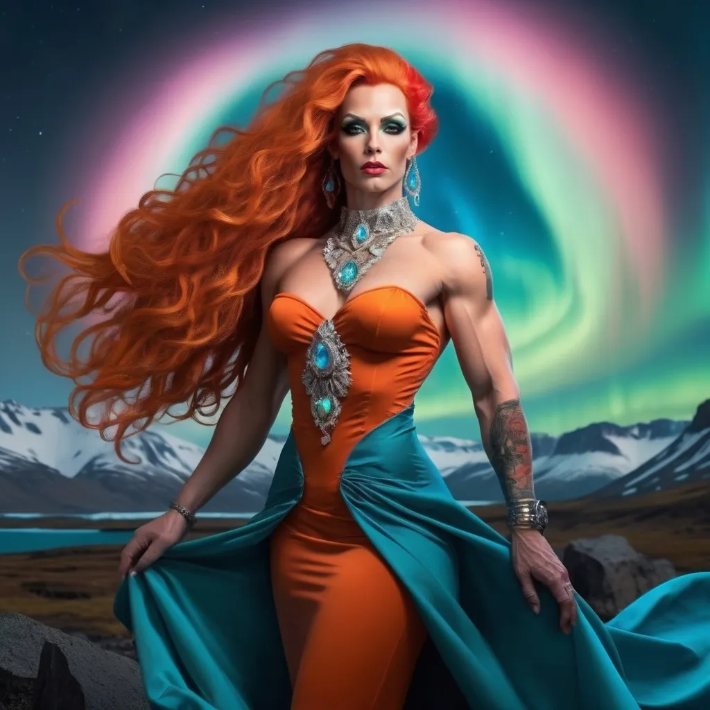 Prompt: An extremely masculine,  yet Gorgeous muscular 35-year-old Icelandic drag queen bodybuilder, stunning long cascading curly white-red hair, clear and detailed eyes, full body half side potrait of a photorealistic beautiful seductress, dark sky, gloomy, exotic teal and neon orange vintage dress, choker style colar, blue color eyes, detailed face, cyperpunk, full body, magic fantasy, wow effect, Artgerm and rubens style painting, Disney heroes are always a rewarding subject, stunning northern lights as backdrop