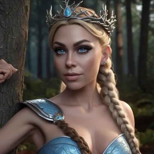 Prompt: CGI Animation, digital art, 35-year-old-old viking drag queen (strong masculine jawline and brow features)with light blue eyes, she is overjoyed, dark blonde hair with blonde strands, standing in a dimly lit forest, she is leaning against a tree, double braid down her shoulder with a tiara, unreal engine 16k octane, 3d lighting, full armor