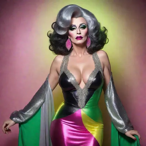 Prompt: image of James Dean dressed as a gorgeous 45-year-old (((full figured))) Czechian drag queen with very long professionally styled silver & black hair, wearing a flamboyant, yet conservative pink yellow and green Bob Mackie designer Gown, heavy eye makeup,  dark red lipstick, posing in a smokey Cabaret. hyper-realistic quality, ultra-detailed 4K imagery.