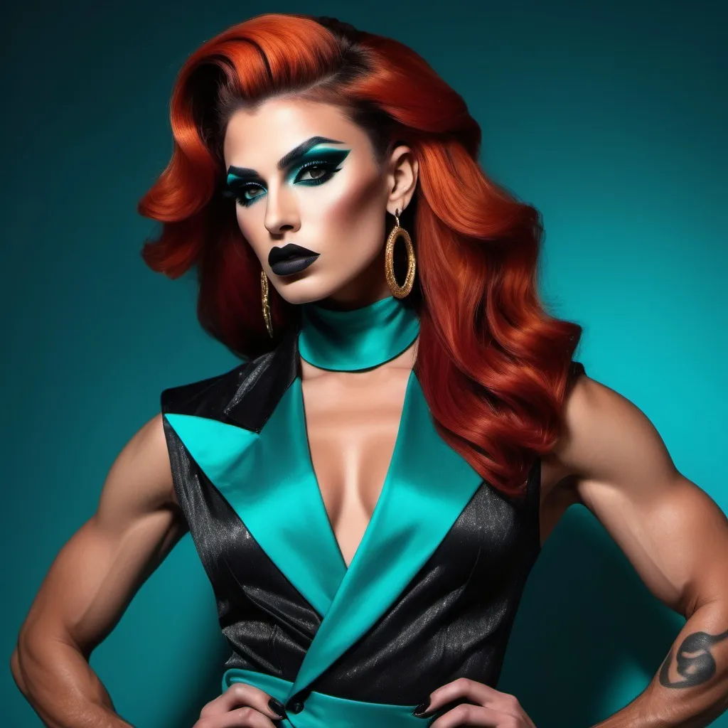 Prompt:  (A gorgeous muscular 25-year-old Macedonian drag queen (masculine jawline and brow features) with dark eyeshadow, 
dark lipstick,  and dark orange hair wearing a teal Versace), fierce pose, dramatic (red and black color palette), high-fashion editorial style, luxurious fabric textures, sleek and chic outfit details, vivid presence, modern ambiance, strong emotional intensity, cinematic lighting, backdrop of elegant high-fashion runway, (ultra-detailed, 4K).