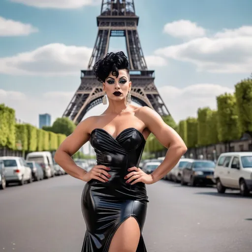 Prompt: Photo of a gorgeous muscular 25-year-old French drag queen bodybuilder with black curly updo hair, dark eyeshadow,  dark lipstick, and huge busom, wearing a summer sundress and 8 inch stiletto high heels, fierce expression, standing on an Parisan street and the iconic Eiffel Tower in the background provide a vibrant, cinematic backdrop.  High-resolution camera with Canon EOS R3 and RF 85mm f/1.2 lens captures