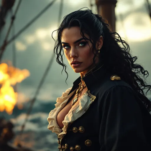 Prompt:  Gorgeous muscular 35-year-old French drag queen Pirate (strong masculine jawline and brow facial features) with long curly black hair and big busom, detailed clothing, realistic, natural lighting, shiny black hair in a ponytail, pale blue eyes, Revolutionary Era Naval Uniform, standing on the deck of a galleon, moonlight mid-battle, dramatic lighting, dynamic and intense atmosphere, moon casting silver tones, ocean waves crashing, cannons firing, ultra-detailed, cinematic masterpiece.