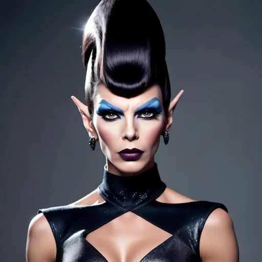 Prompt: If Spock was a gorgeous muscular drag queen. Dark eye makeup and dark lipstick.