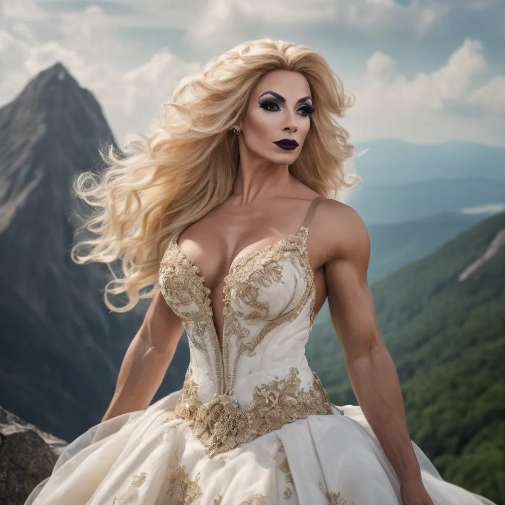 Prompt: (A thre quarter body image)A gorgeous muscular 35-year-old French drag queen bodybuilder (big busom, dark eyeshadow, dark lipstick, long flowing golden blonde hair) wearing an ivory wedding gown on the top of an high mountain. surreal  with mist
Dreamy, mythical, fairyland-like, soft and romantic
Splash art, hyper detailed, ultra realistic, highly detailed. Perfect studio lighting, perfect shading, impeccable contrast, HDR, UHD, high res, 64k