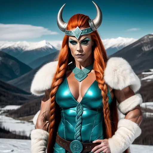 Prompt: Wide angle. Entirely pure teal fured, a gorgeous muscular 35-year-old Asgardian Viking drag queen bodybuilder. Dark orange long hair and fade glossy almond eyes. fur made of pure teal braids. The most gorgeous of all. Viking style. White mountains background. Full body view. award winning photography. hyper realistic photography, Goldsmithery, Goldsmith's work, Hyper detailed, light effects, fire like engravings, Dramatic light. Hyper realistic, hyper intricate, gold and metal, 3/4 view, 8k, Full-body shot, Full-body view. Gold jewelry, 8k, hyper detailed, high quality, photo realistic. Extremely detailed and intricate, Award winning photography. Artistic shot.