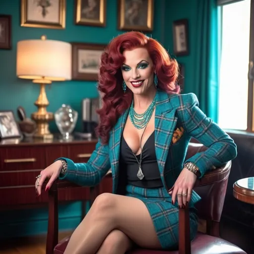 Prompt: Sophisticated art deco lounge, elegant gorgeous muscular 25-year-old British drag queen bodybuilder with large busom, curly dark red hair,  teal plaid tweed jacket, teal blouse, teal pencil skirt, black 6 inch stiletto high heel boots, crowded scene, subtle smile, high-res photo, art deco, elegant, detailed facial features, realistic, sophisticated, busy setting, vibrant colors, professional photography