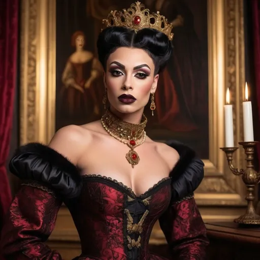 Prompt: Gorgeous muscular 25-year-old British drag queen, dark lipstick, heavymascara, vibrant Tudor-era attire, intricate lace details, embroidered patterns, serene expression, elegant pose, rich background of a historic castle, warm gold and deep crimson tones, soft diffused lighting, classical artwork style, ultra-detailed, regal atmosphere, capturing the essence of 16th-century nobility, majestic ambiance.